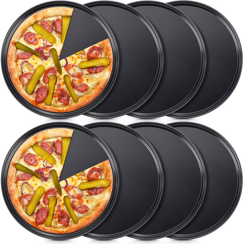 Meanplan Meanplan 8 Pcs Non Stick Bakeware Pizza Pan Round Pan for Oven Carbon Steel Oven Tray Pie Baking for Home Restaurant Kitchen Baking Supplies Black12 Inch 
