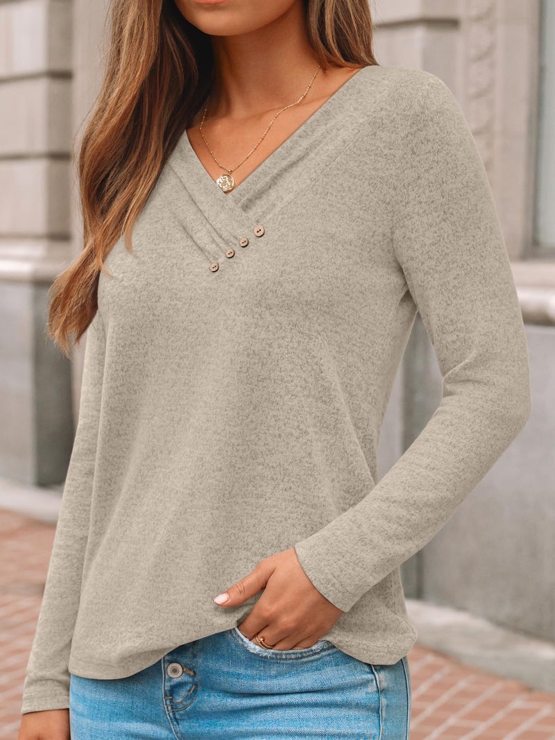 AUTOMET Womens Long Sleeve Top Fall Outfits V Neck Sweaters Button Shirts 2026 Lightweight Dressy Casual Business Tunic Blouses Trendy Cute Sweatshirt Winter Clothes Fashion Clothing Khaki M - Image 3