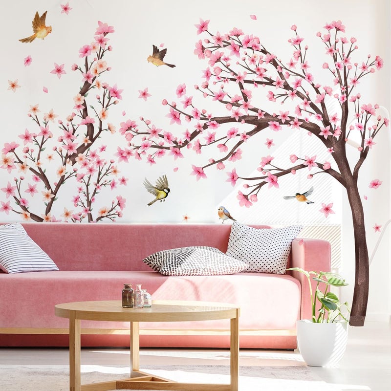 Mirabuy Pink Cherry Blossom Floral Birds Wall Decals Large Cherry Blossom Tree Branch Wall Stickers for Sofa TV Background Wall Decor Bedroom Living Room 67.32x42.91inch - Image 1