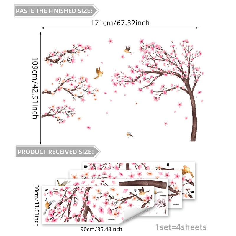 Mirabuy Pink Cherry Blossom Floral Birds Wall Decals Large Cherry Blossom Tree Branch Wall Stickers for Sofa TV Background Wall Decor Bedroom Living Room 67.32x42.91inch - Image 2