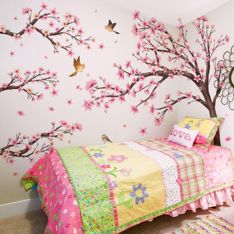 Mirabuy Pink Cherry Blossom Floral Birds Wall Decals Large Cherry Blossom Tree Branch Wall Stickers for Sofa TV Background Wall Decor Bedroom Living Room 67.32x42.91inch - Image 3