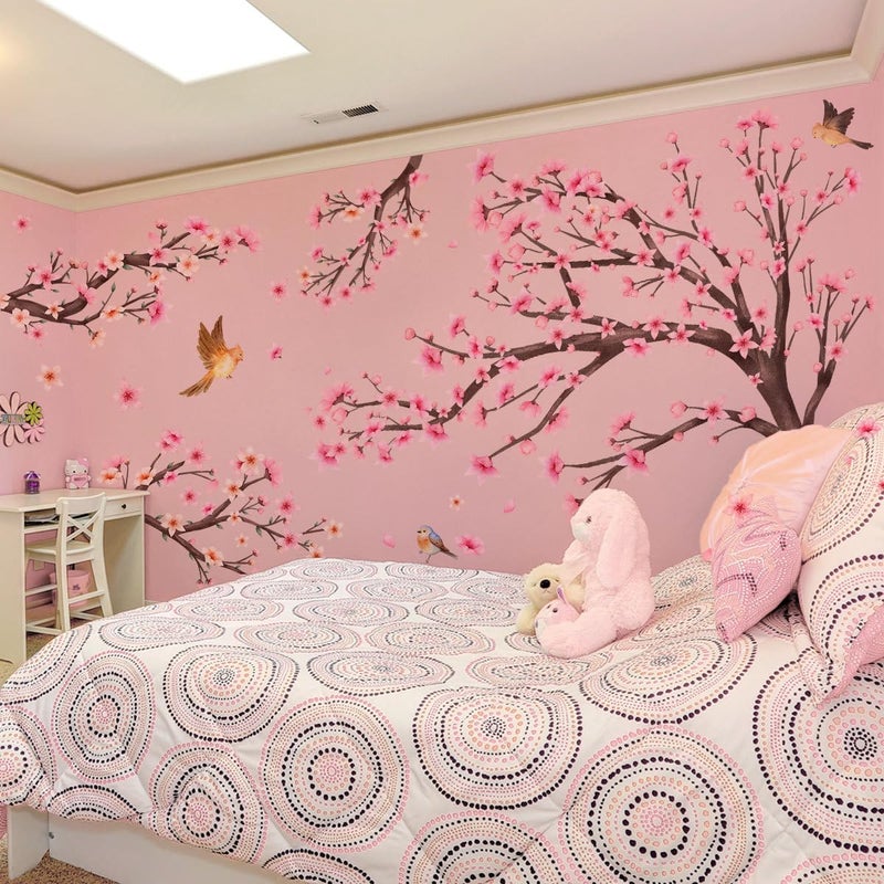 Mirabuy Pink Cherry Blossom Floral Birds Wall Decals Large Cherry Blossom Tree Branch Wall Stickers for Sofa TV Background Wall Decor Bedroom Living Room 67.32x42.91inch - Image 4