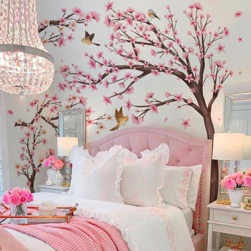 Mirabuy Pink Cherry Blossom Floral Birds Wall Decals Large Cherry Blossom Tree Branch Wall Stickers for Sofa TV Background Wall Decor Bedroom Living Room 67.32x42.91inch - Image 5
