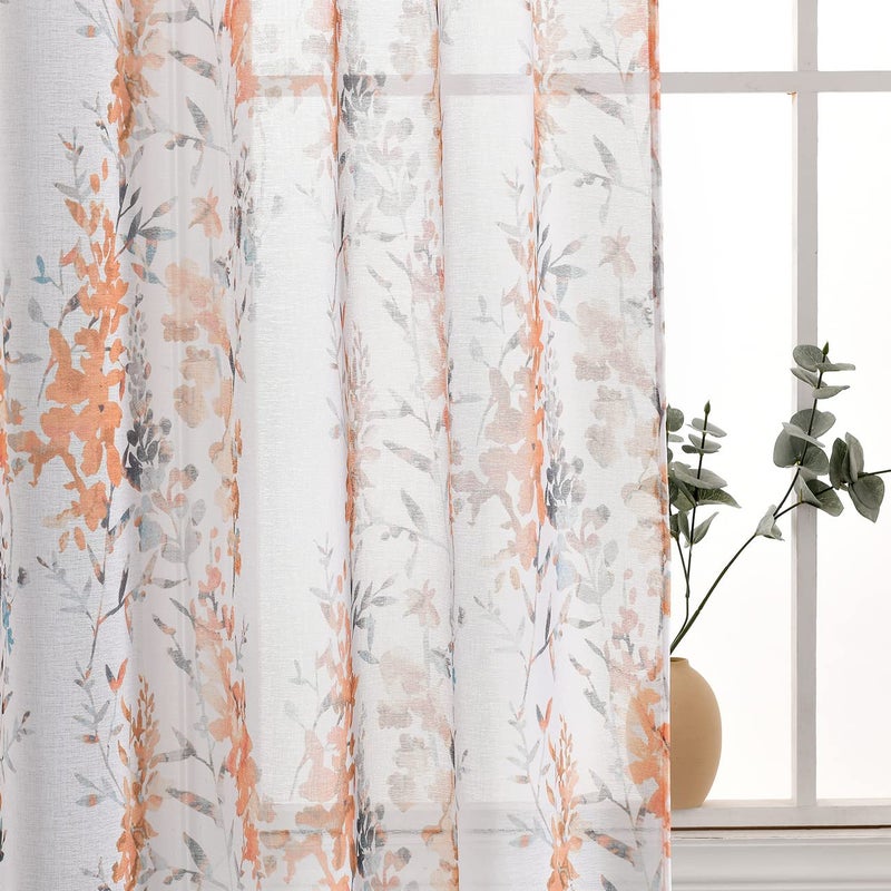 Kotile Orange White Sheer Curtains Country Branch Leaf Print Sheer Curtains 96 Inches Long for Living Room Rod Pocket Privacy Floral Sheer Window Curtains 50 x 96 Inch Orange