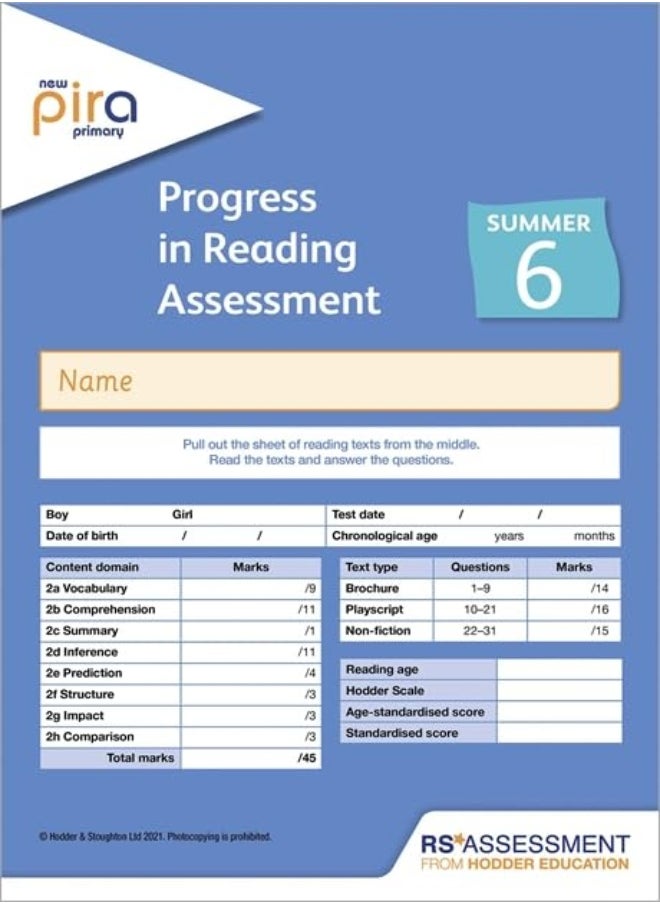 New Pira Test 6, Summer Pk10 (Progress In Reading Assessment)