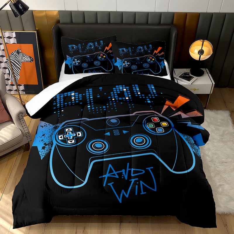 AILONEN Ailonen Gaming Bedding Set  Queen Size 3 Piece Comforter and 2 Pillowcases with Gamepad and Controller Theme 