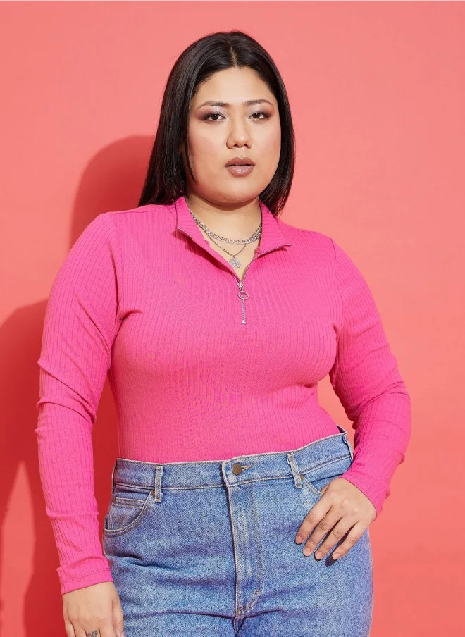 SASSAFRAS Pink Self Design Shirt Collar Top for Women