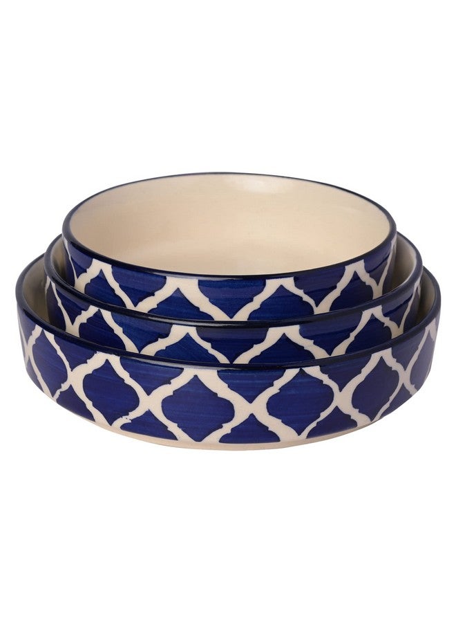 SG Shadowgreen - Ceramic Salad Tray/Bowl - Deep Dish Bowl - Salad Plate - Serving Snacks Tray - Set Of 3 (5.5 Inch, 6.5Inch, 7.5Inch) - 3 Snacks/Salad Bowls - Dark Blue Design - Image 3