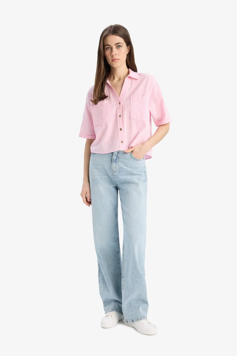 ديفاكتو Boxy Fit Shirt Collar Linen Blended Short Sleeve Shirt