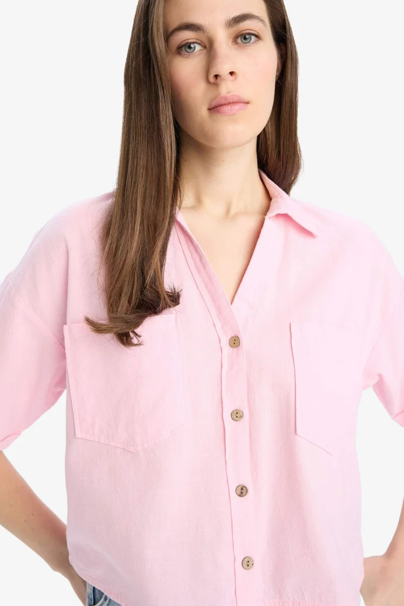 ديفاكتو Boxy Fit Shirt Collar Linen Blended Short Sleeve Shirt