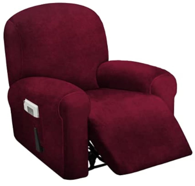 4PIECE 1 SEAT RECLINER COVER VELVET STRETCH RECLINING CHAIR COVERS FOR 1 CUSHION RECLINING SOFA SINGLE SEAT RECLINER COUCH COVER THICK VERY SOFT MACHINE WASHABLE BURGUNDY
