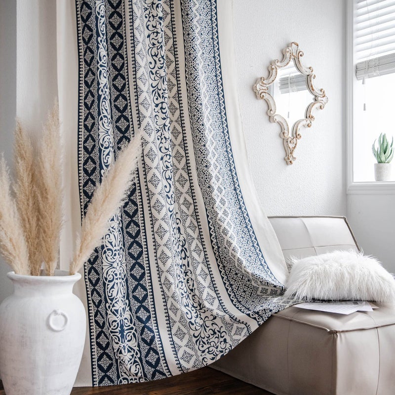 VOGOL Country Strip Printed Curtains, Bohemian Style Privacy Window Treatment with Rod Pocket for Living Room Boy's Bedroom, 1 Panel 59 x 79 Inches, Navy Blue & Beige - Image 1