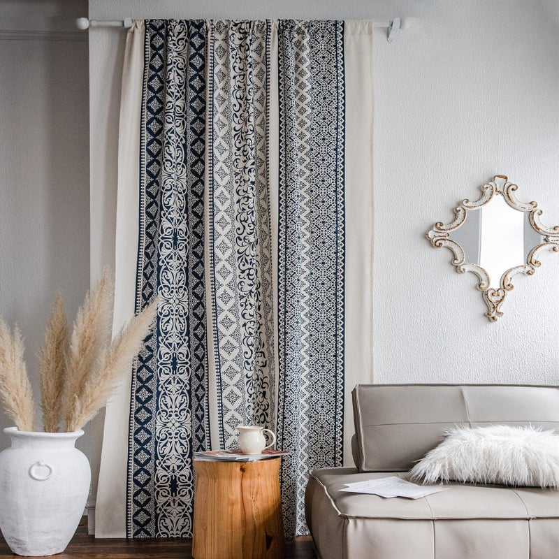 VOGOL Country Strip Printed Curtains, Bohemian Style Privacy Window Treatment with Rod Pocket for Living Room Boy's Bedroom, 1 Panel 59 x 79 Inches, Navy Blue & Beige - Image 2
