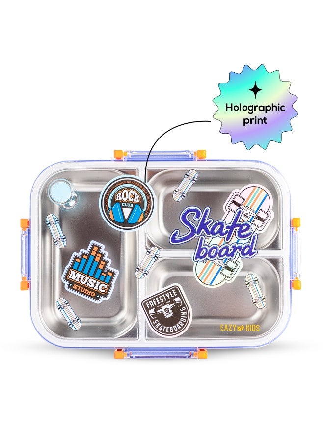 Eazy Kids Eazy Kids 3 Compartment 800ml Stainless Steel bento Lunch Box w/ Water Bottle - Skate Board Purple - Image 2