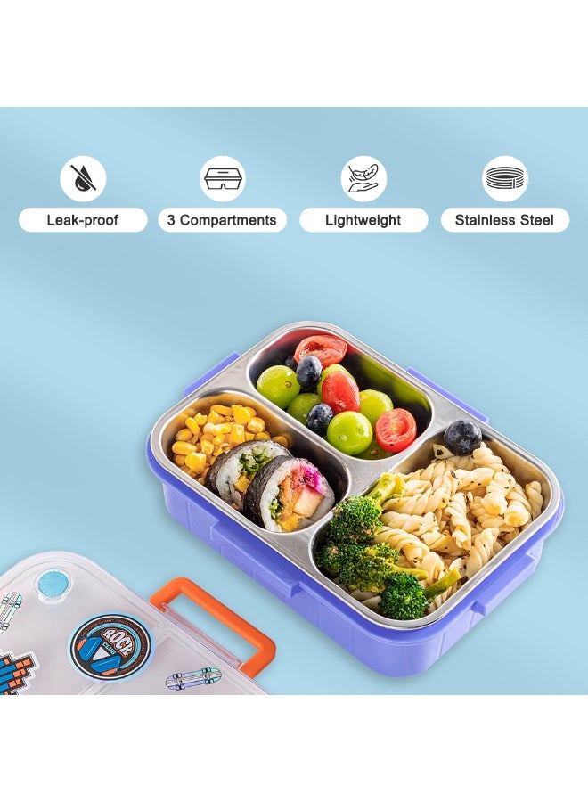 Eazy Kids Eazy Kids 3 Compartment 800ml Stainless Steel bento Lunch Box w/ Water Bottle - Skate Board Purple - Image 5