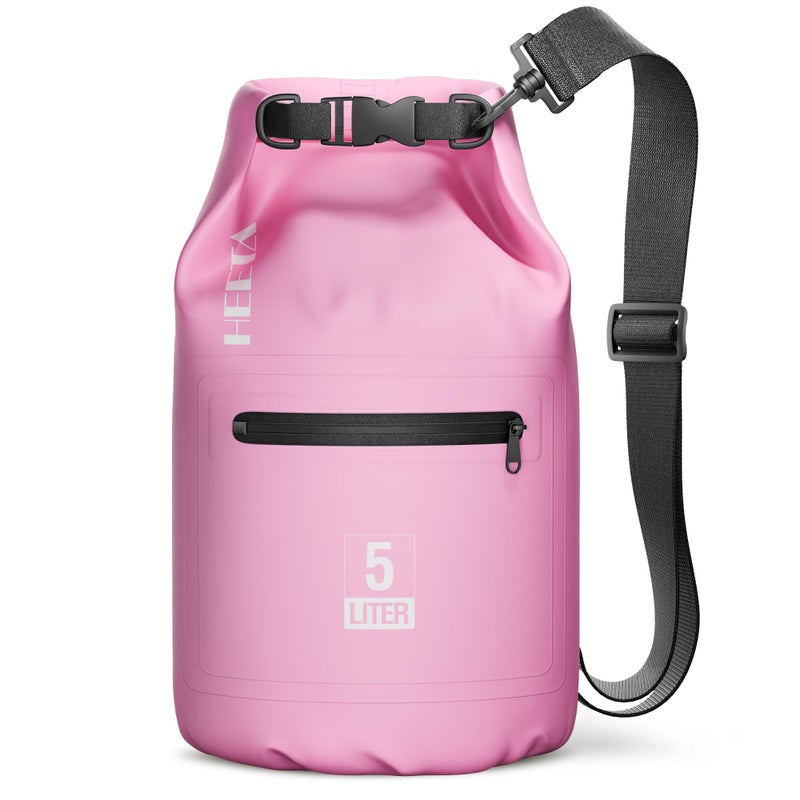 HEETA Waterproof Dry Bag with Front Zippered Pocket for Women Men, 5L/10L/20L/30L/40L Roll Top Lightweight Dry Storage Bag Backpack for Travel, Kayaking, Boating, Rafting, Camping, Beach (Pink, 5L) - Image 1