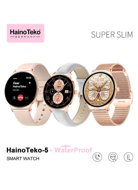 HainoTeko-5 Super Slim Smart Watch Round Shape AMOLED Display With Waterproof AI Voice Assistance and 3 Pair Straps For Ladies Gold