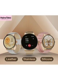 هينو تيكو ساعة HainoTeko-5 الذكية فائقة النحافة وشاشة AMOLED مستديرة الشكل مع مساعدة صوتية مقاومة للماء و3 أزواج من الأشرطة للسيدات باللون الذهبي  - Image 5