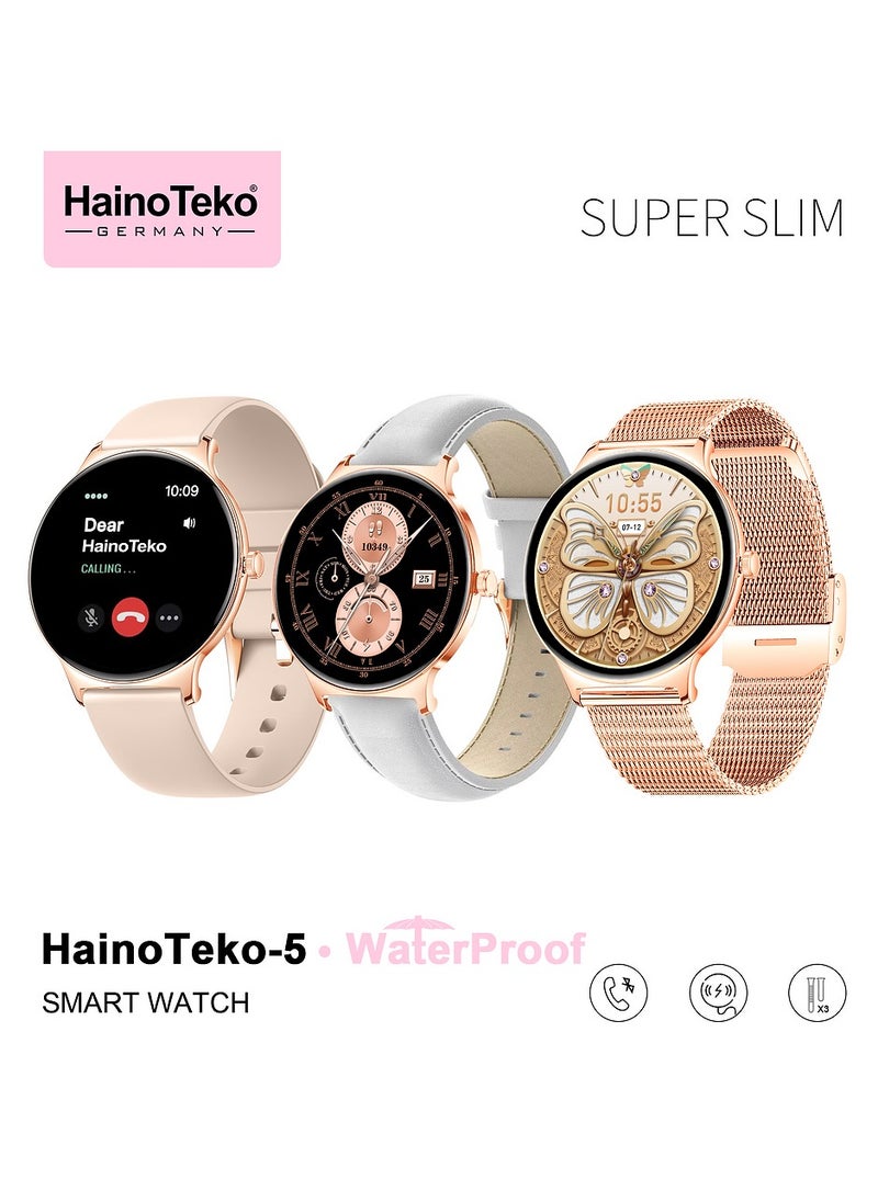 Haino Teko - HainoTeko-5 Super Slim Smart Watch Round Shape AMOLED Display With Waterproof AI Voice Assistance and 3 Pair Straps For Ladies Gold - Image 1