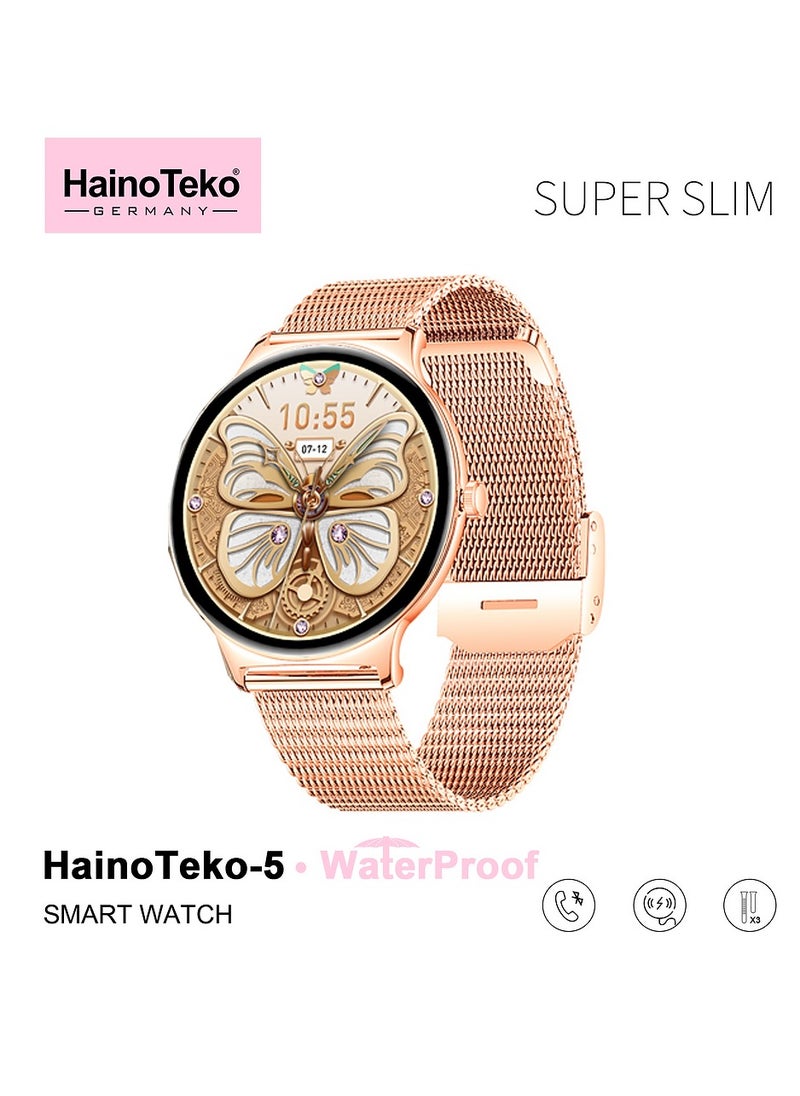 Haino Teko - HainoTeko-5 Super Slim Smart Watch Round Shape AMOLED Display With Waterproof AI Voice Assistance and 3 Pair Straps For Ladies Gold - Image 1