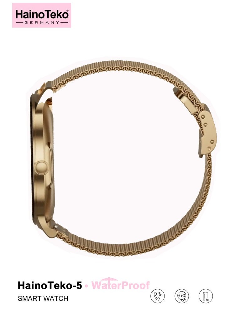 Haino Teko - HainoTeko-5 Super Slim Smart Watch Round Shape AMOLED Display With Waterproof AI Voice Assistance and 3 Pair Straps For Ladies Gold - Image 1