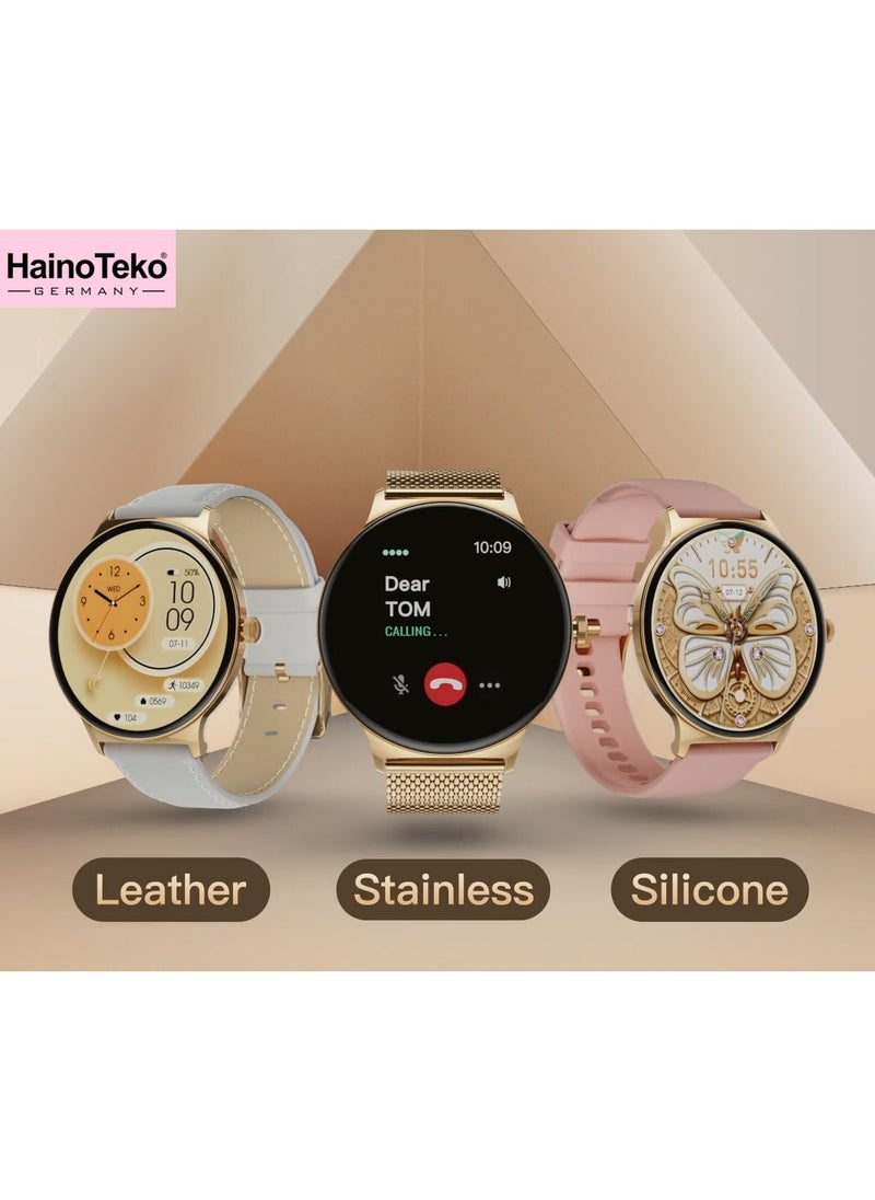 Haino Teko - HainoTeko-5 Super Slim Smart Watch Round Shape AMOLED Display With Waterproof AI Voice Assistance and 3 Pair Straps For Ladies Gold - Image 1