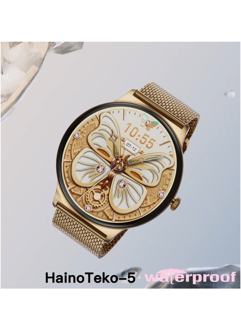 Haino Teko - HainoTeko-5 Super Slim Smart Watch Round Shape AMOLED Display With Waterproof AI Voice Assistance and 3 Pair Straps For Ladies Gold - Image 1