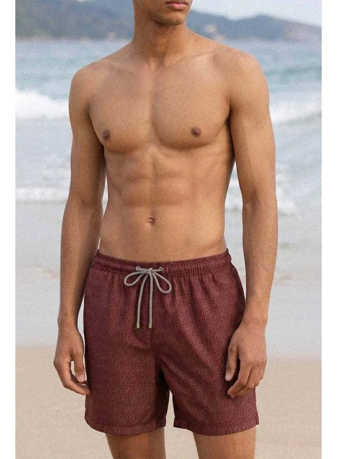 Aytuğ Burgundy Men's Monogram-Patterned Swim Shorts.
