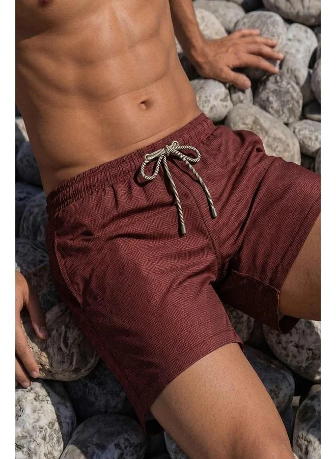Aytuğ Burgundy Men's Monogram-Patterned Swim Shorts.