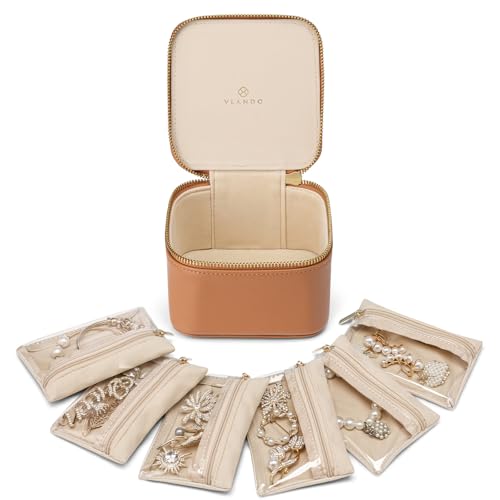 VLANDO Travel Jewelry CaseValentines GiftsSmall Jewelry Box OrganizerTravel Jewelry Storage with 6 Velvet Jewelry Zipper Pockets Birthday Gifts for Women Girls Brown - Image 1
