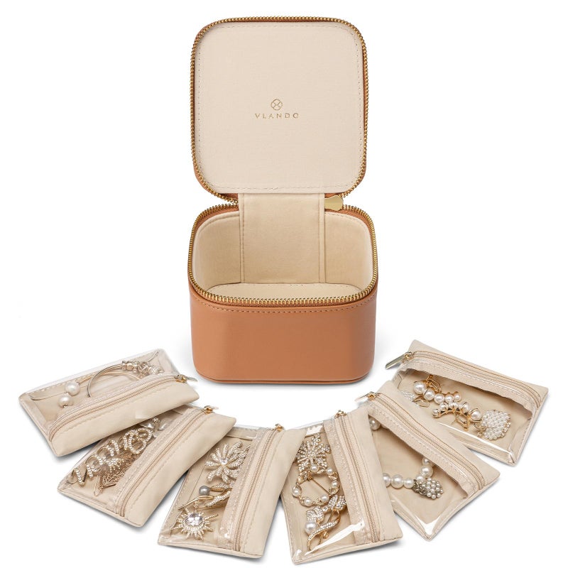 VLANDO Travel Jewelry CaseValentines GiftsSmall Jewelry Box OrganizerTravel Jewelry Storage with 6 Velvet Jewelry Zipper Pockets Birthday Gifts for Women Girls Brown - Image 2