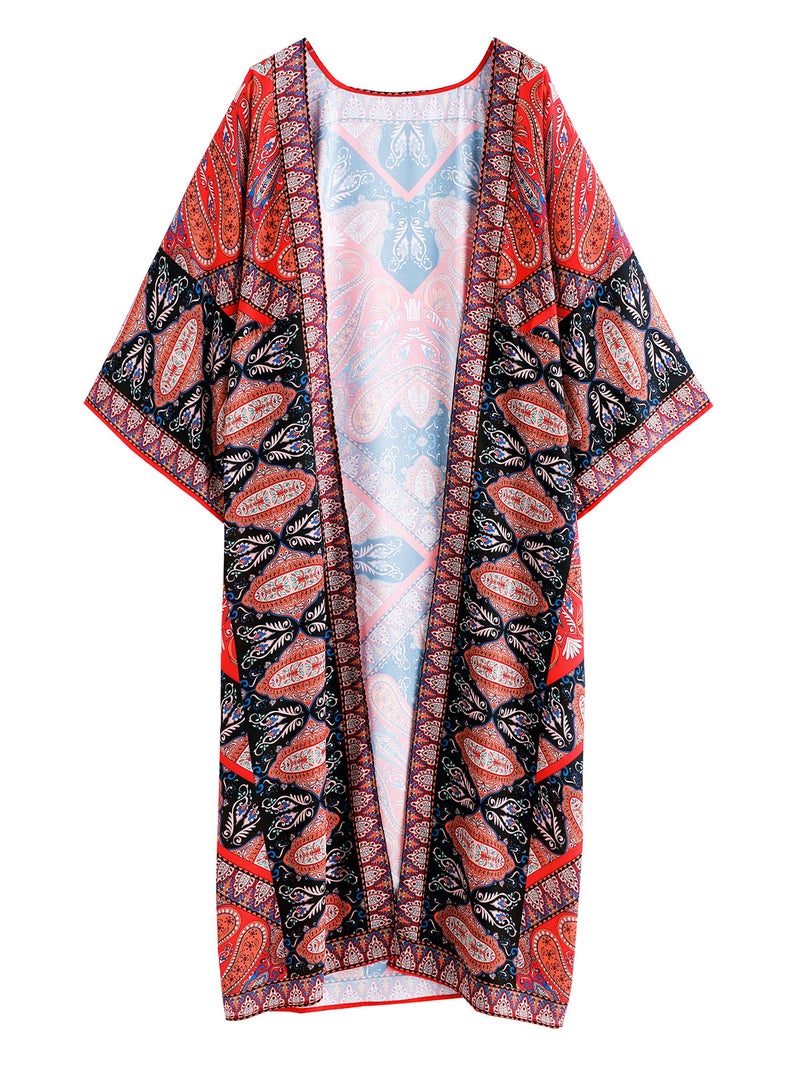 Women Kimono Cover Ups Open Front Vintage Printed Cardigan Beach Holiday Beachwear - Image 1
