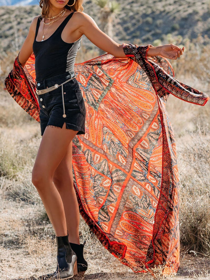 Women Kimono Cover Ups Open Front Vintage Printed Cardigan Beach Holiday Beachwear - Image 4