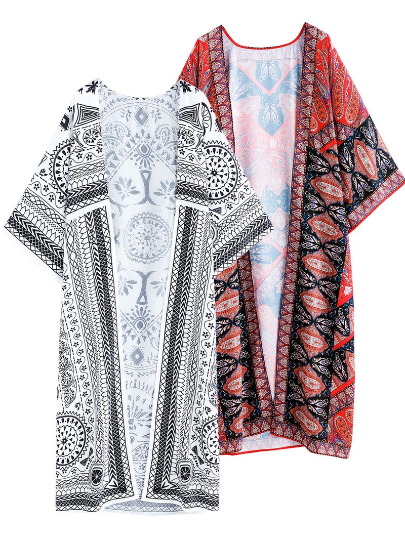 Women Kimono Cover Ups Open Front Vintage Printed Cardigan Beach Holiday Beachwear - Image 3