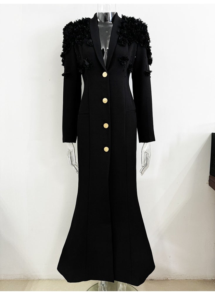 Loquat Stylish European Celebrity Heavy Embellished 3D Floral Beaded A-line Dress with Green Fruit Collar Black  - Image 1