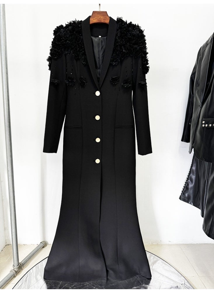 Loquat Stylish European Celebrity Heavy Embellished 3D Floral Beaded A-line Dress with Green Fruit Collar Black  - Image 3