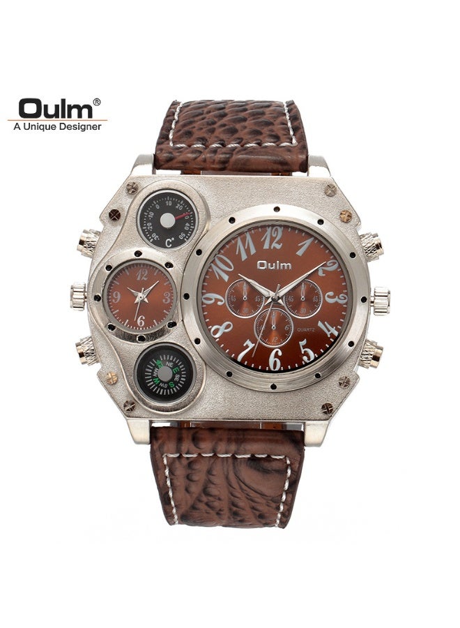 أولم ساعة أولم الرجالية بتصميم ميكا، شاشة عرض مزدوجة للوقت، ميناء كبير، طراز عسكري، عقارب مضيئة، حزام جلدي، ساعة يد كوارتز عملية كاجوال. - Image 1