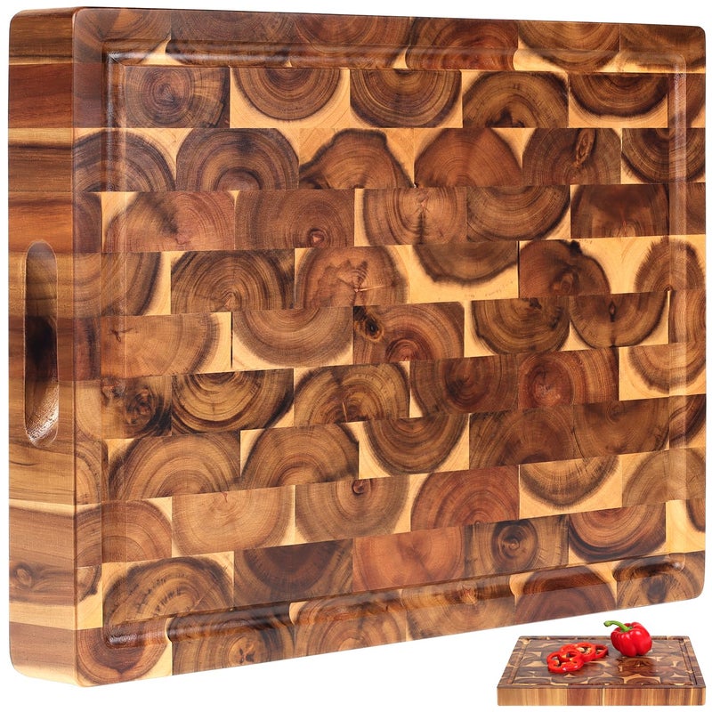 XL Acacia End Grain Wood Cutting Board 20x15x15in Acacia Wooden Cutting Board Butcher Block Chopping Board Reversible Multipurpose For Kitchen with Juice Groove Cracker Holder Inner Handles