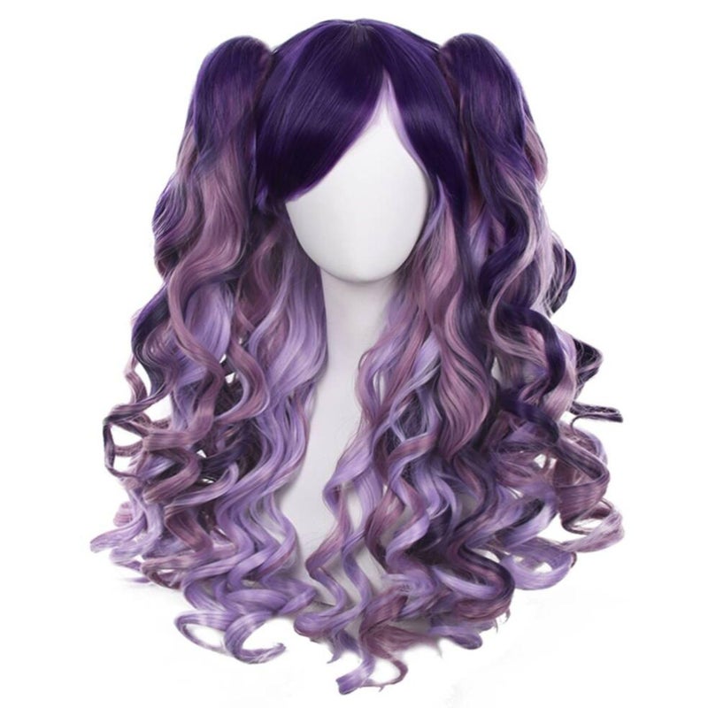 ANOGOL Hair CapMix Purple Wig Lavender Violet Wigs with 2 Ponytails Long Violet Lavender Curly Ponytail Wig for Lolita Cosplay Halloween Women Costume Pigtails Party Wigs for Mardi Gras Mix Purple