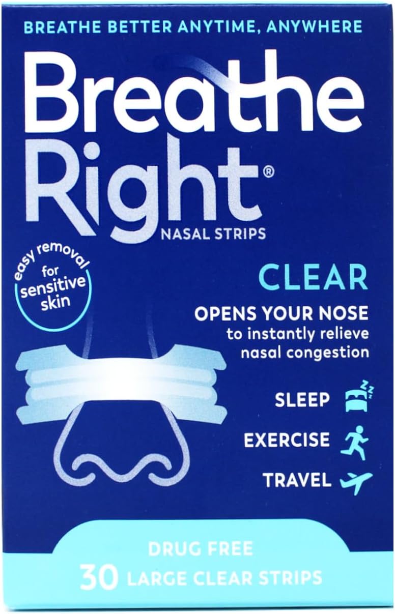 Breathe Right شرائط تنفس صحي للأنف للبشرة الحساسة، كبيرة، شفافة، 30 شريط