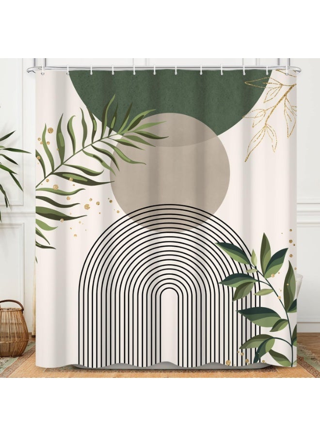 SYOSI Boho Shower Curtain, Bathtub Curtain Set, Waterproof Bathroom Decor with Abstract Geometric Patterns, Green and Gold Plant Leaf Design Including Hooks(Forest Green, 180cmx180cm) - Image 4