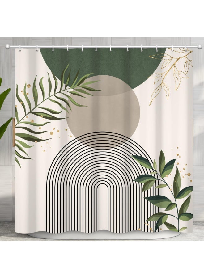 SYOSI Boho Shower Curtain, Bathtub Curtain Set, Waterproof Bathroom Decor with Abstract Geometric Patterns, Green and Gold Plant Leaf Design Including Hooks(Forest Green, 180cmx180cm) - Image 1