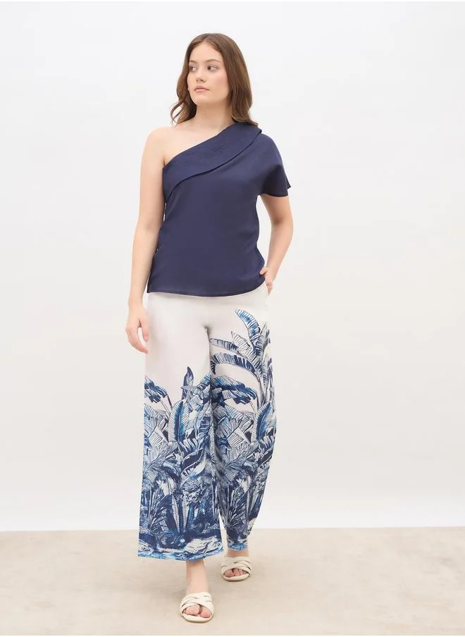 Styli Styli Solid One-Shoulder Top and Printed Wide Leg Pants Co-Ords