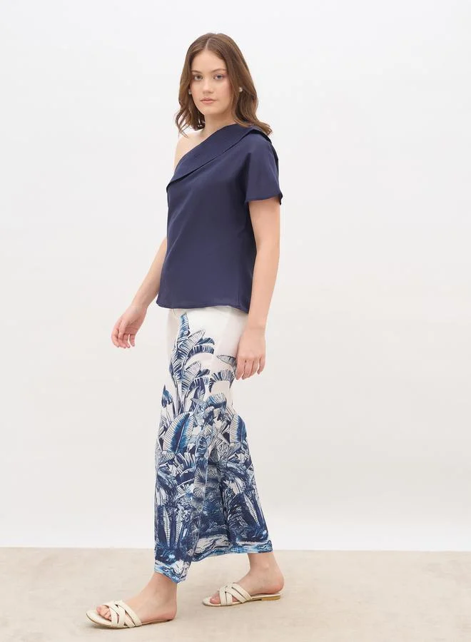 Styli Styli Solid One-Shoulder Top and Printed Wide Leg Pants Co-Ords
