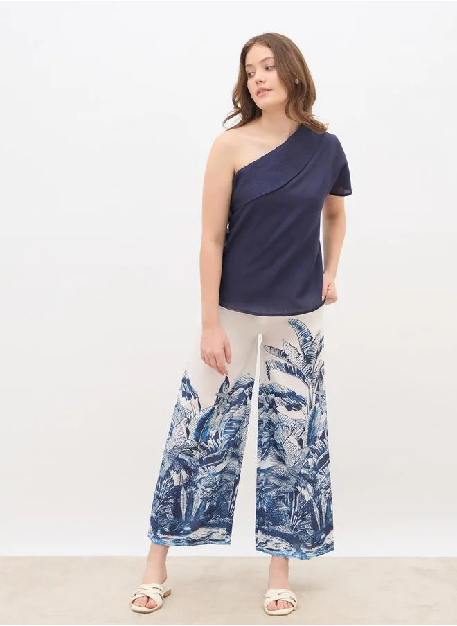Styli Styli Solid One-Shoulder Top and Printed Wide Leg Pants Co-Ords