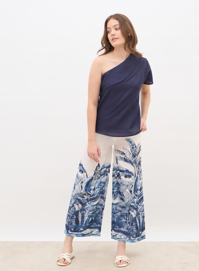Styli Styli Solid One-Shoulder Top and Printed Wide Leg Pants Co-Ords - Image 1