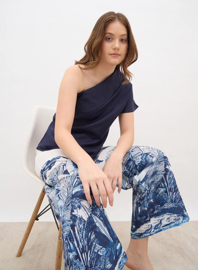 Styli Styli Solid One-Shoulder Top and Printed Wide Leg Pants Co-Ords