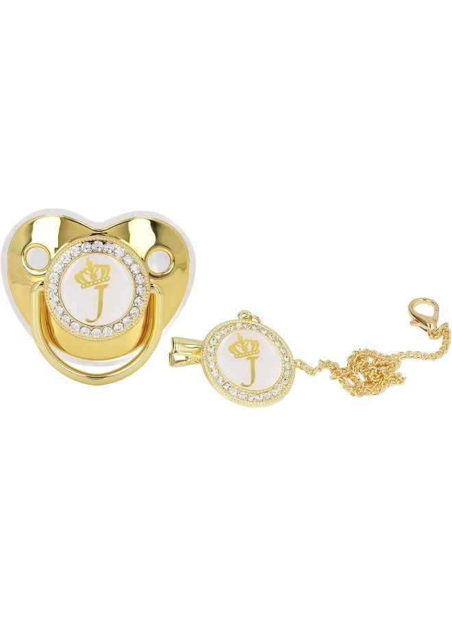 GLOGLOW Golden Letter Pacifier, Rhinestone Exquisite Silicone Baby Pacifier Safe with Chain Clip for Home Travel for Daily Life J - Image 1