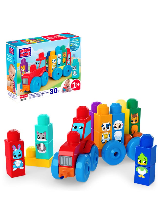 MEGA First Builders Toddler Block Toys Set, Build & Match Animal Tractor with 30 Pieces, Learn Animals and Colors, Red and Blue, Ages 1+ Years - Image 1