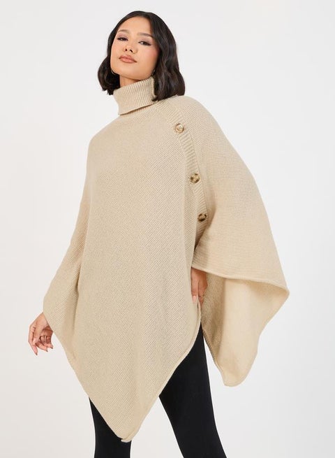 Oversized Longline Asymmetrical Sweater Cape with Buttons